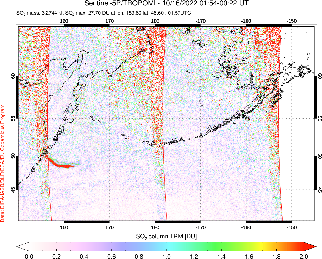 A sulfur dioxide image over North Pacific on Oct 16, 2022.