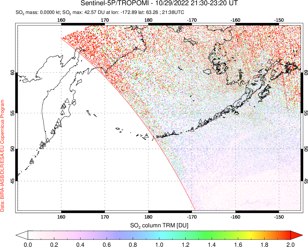 A sulfur dioxide image over North Pacific on Oct 29, 2022.
