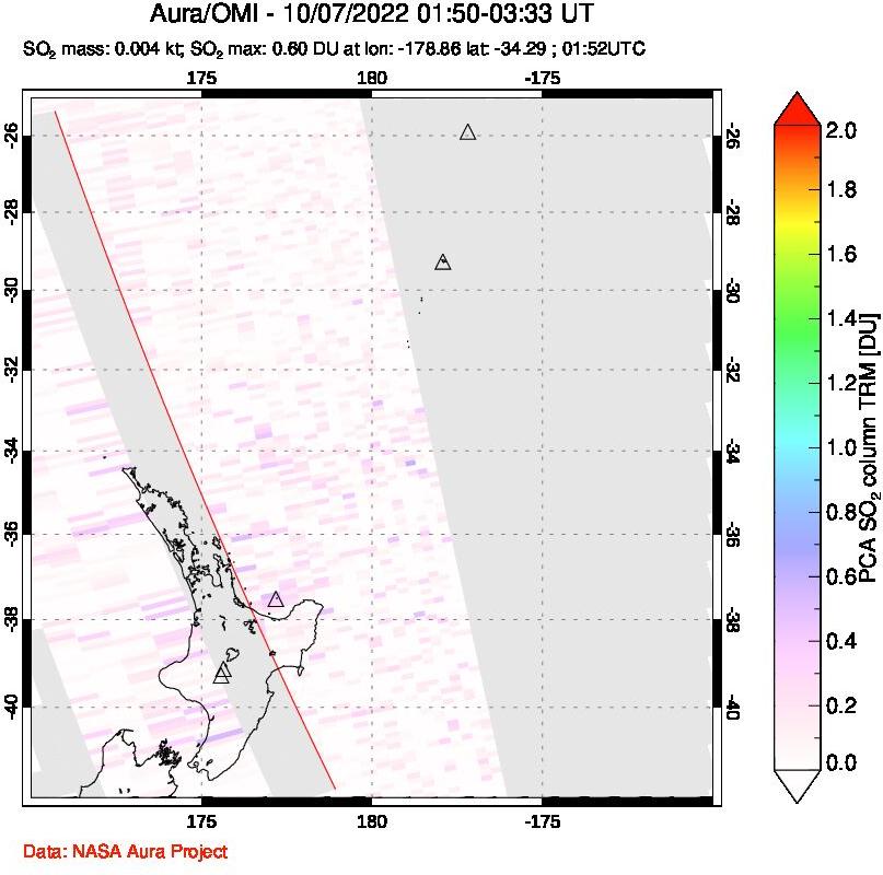 A sulfur dioxide image over New Zealand on Oct 07, 2022.