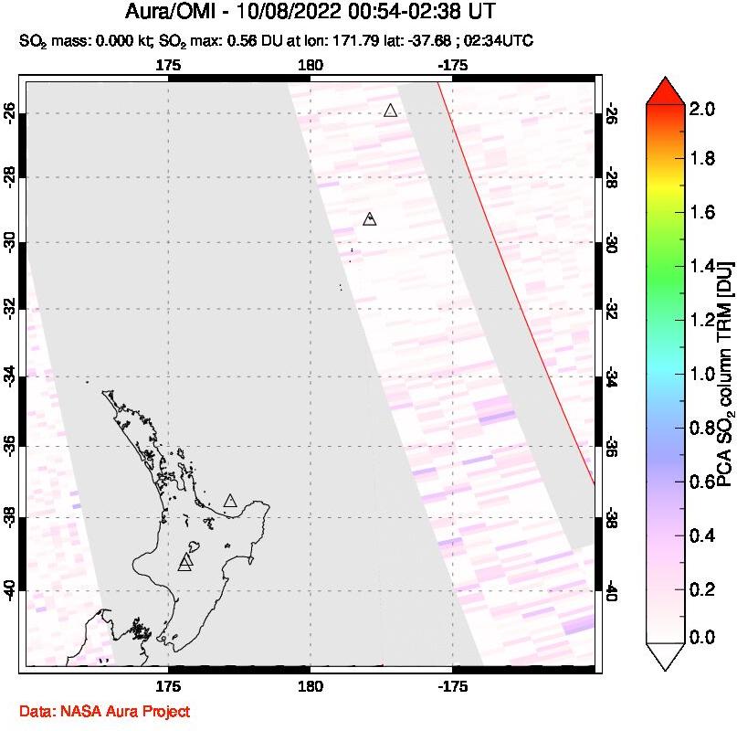 A sulfur dioxide image over New Zealand on Oct 08, 2022.