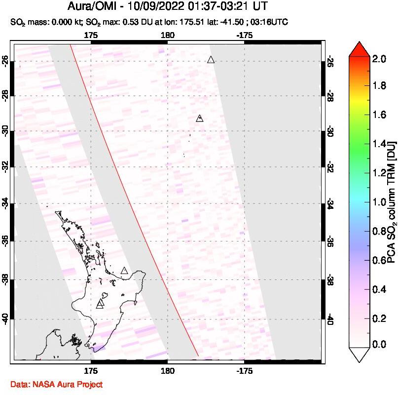 A sulfur dioxide image over New Zealand on Oct 09, 2022.