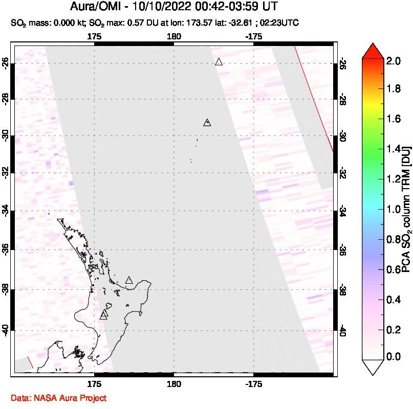 A sulfur dioxide image over New Zealand on Oct 10, 2022.