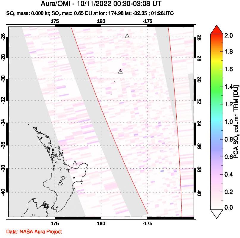 A sulfur dioxide image over New Zealand on Oct 11, 2022.