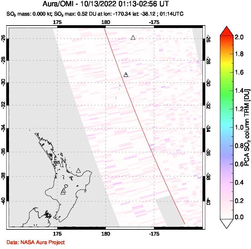 A sulfur dioxide image over New Zealand on Oct 13, 2022.