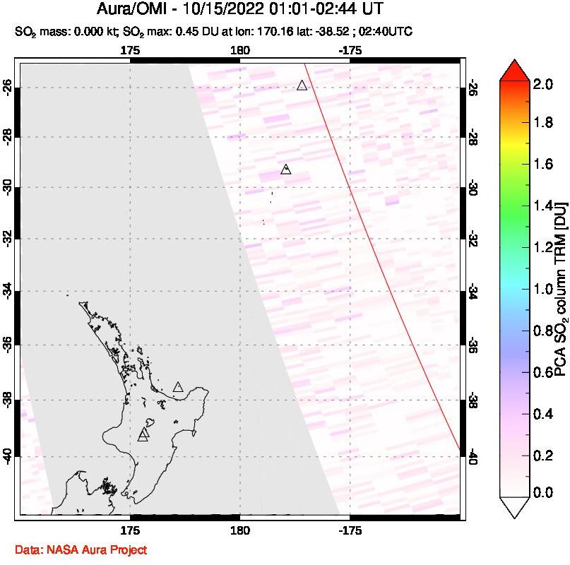 A sulfur dioxide image over New Zealand on Oct 15, 2022.