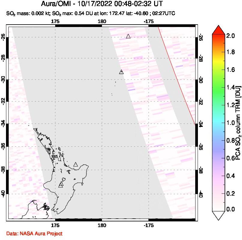 A sulfur dioxide image over New Zealand on Oct 17, 2022.