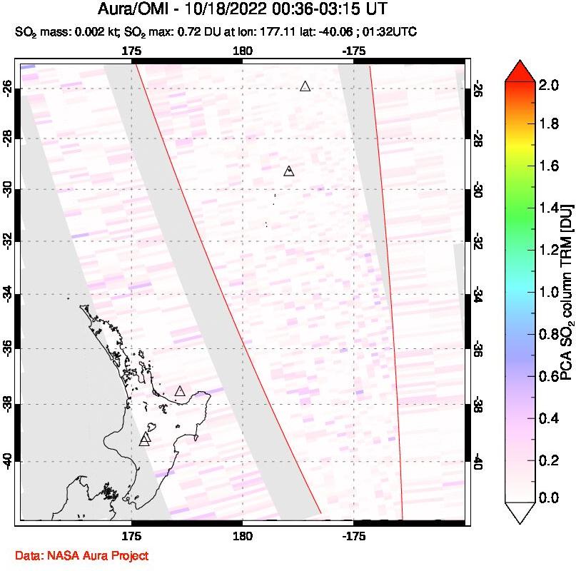A sulfur dioxide image over New Zealand on Oct 18, 2022.