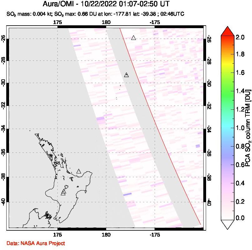 A sulfur dioxide image over New Zealand on Oct 22, 2022.