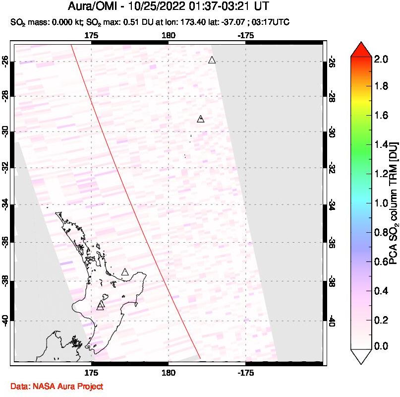 A sulfur dioxide image over New Zealand on Oct 25, 2022.