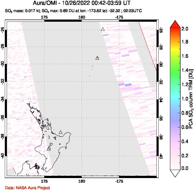 A sulfur dioxide image over New Zealand on Oct 26, 2022.