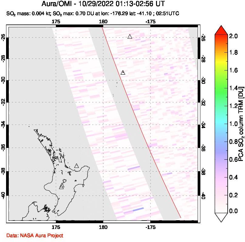 A sulfur dioxide image over New Zealand on Oct 29, 2022.