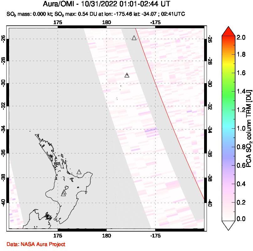 A sulfur dioxide image over New Zealand on Oct 31, 2022.