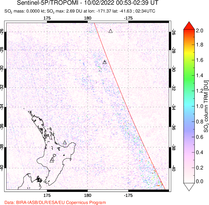 A sulfur dioxide image over New Zealand on Oct 02, 2022.