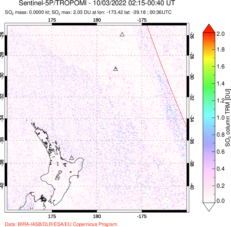 A sulfur dioxide image over New Zealand on Oct 03, 2022.
