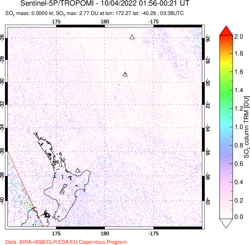 A sulfur dioxide image over New Zealand on Oct 04, 2022.