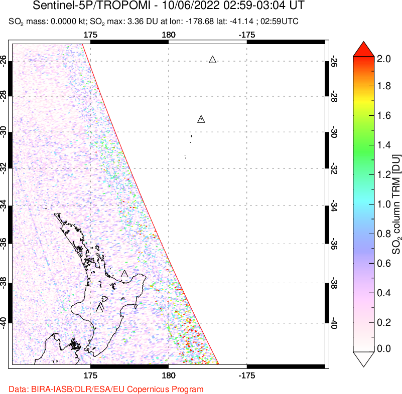 A sulfur dioxide image over New Zealand on Oct 06, 2022.