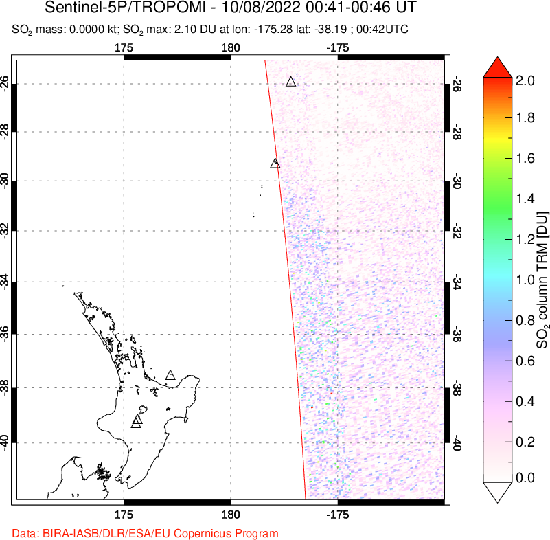 A sulfur dioxide image over New Zealand on Oct 08, 2022.