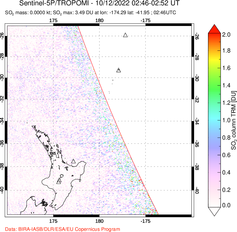 A sulfur dioxide image over New Zealand on Oct 12, 2022.