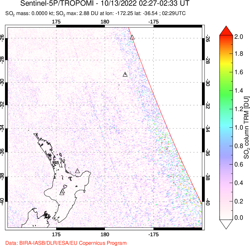 A sulfur dioxide image over New Zealand on Oct 13, 2022.