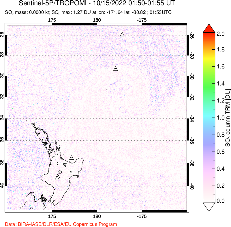 A sulfur dioxide image over New Zealand on Oct 15, 2022.