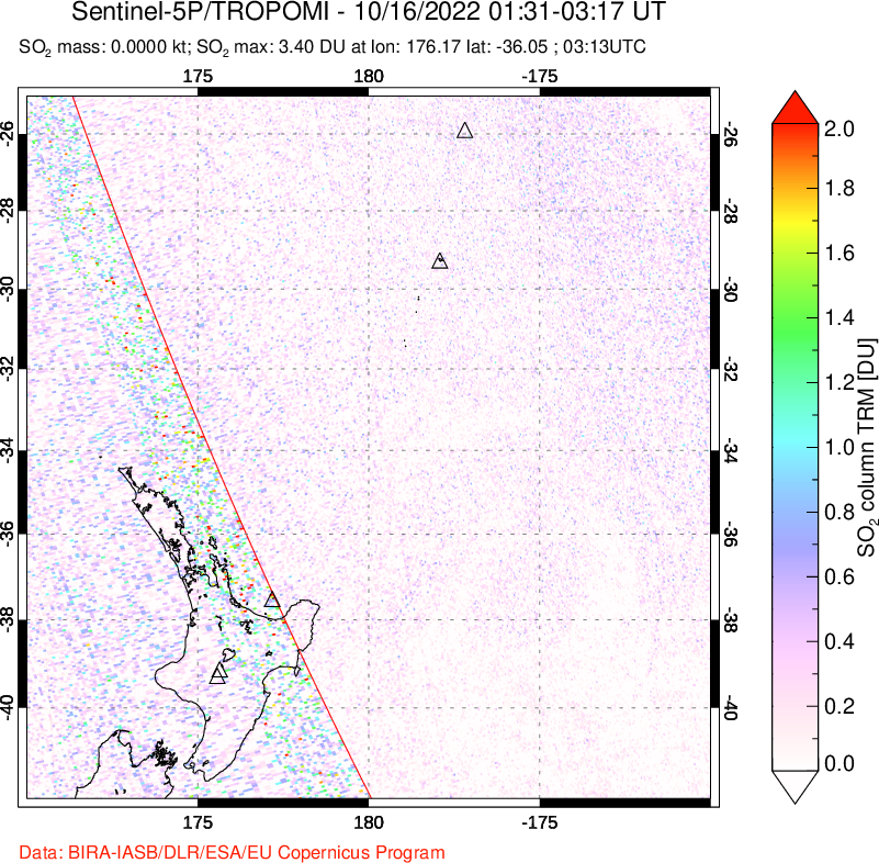 A sulfur dioxide image over New Zealand on Oct 16, 2022.