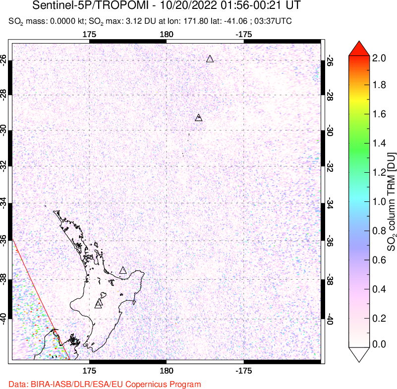 A sulfur dioxide image over New Zealand on Oct 20, 2022.