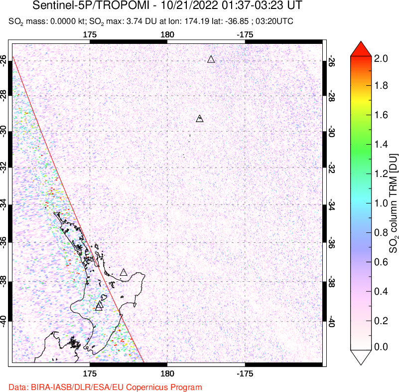 A sulfur dioxide image over New Zealand on Oct 21, 2022.