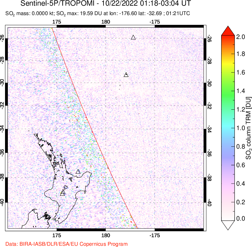 A sulfur dioxide image over New Zealand on Oct 22, 2022.