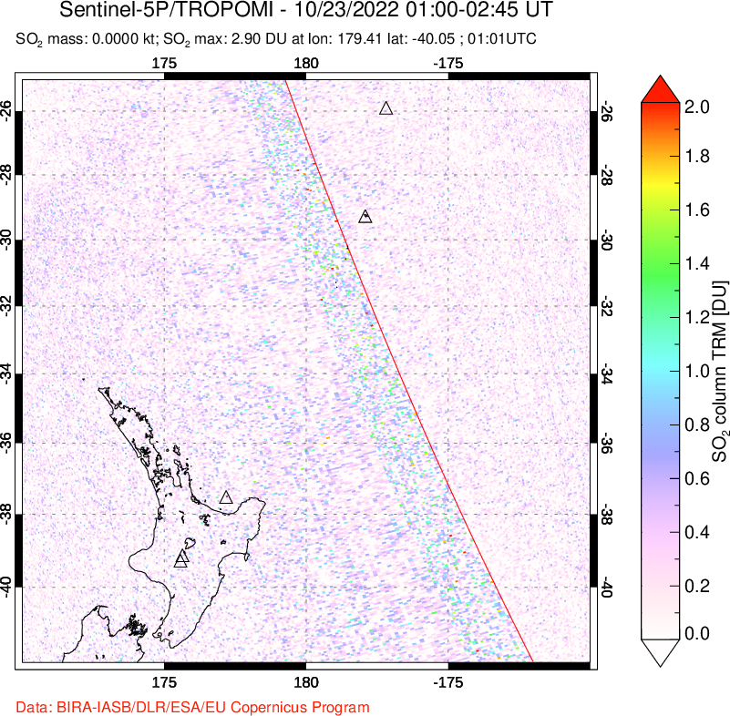 A sulfur dioxide image over New Zealand on Oct 23, 2022.