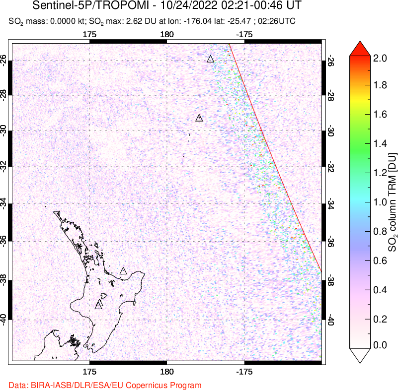 A sulfur dioxide image over New Zealand on Oct 24, 2022.