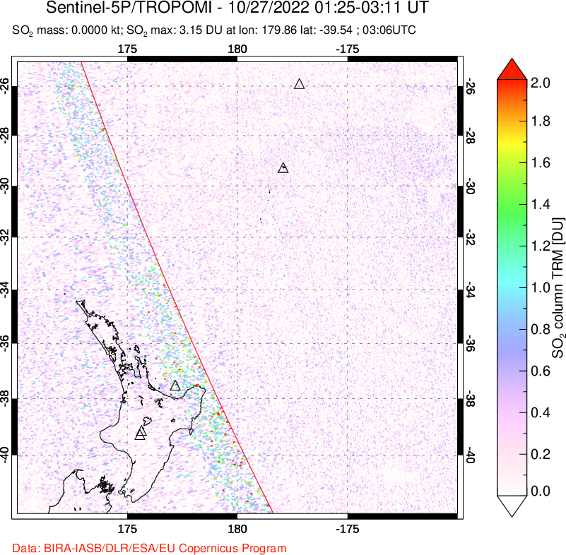 A sulfur dioxide image over New Zealand on Oct 27, 2022.