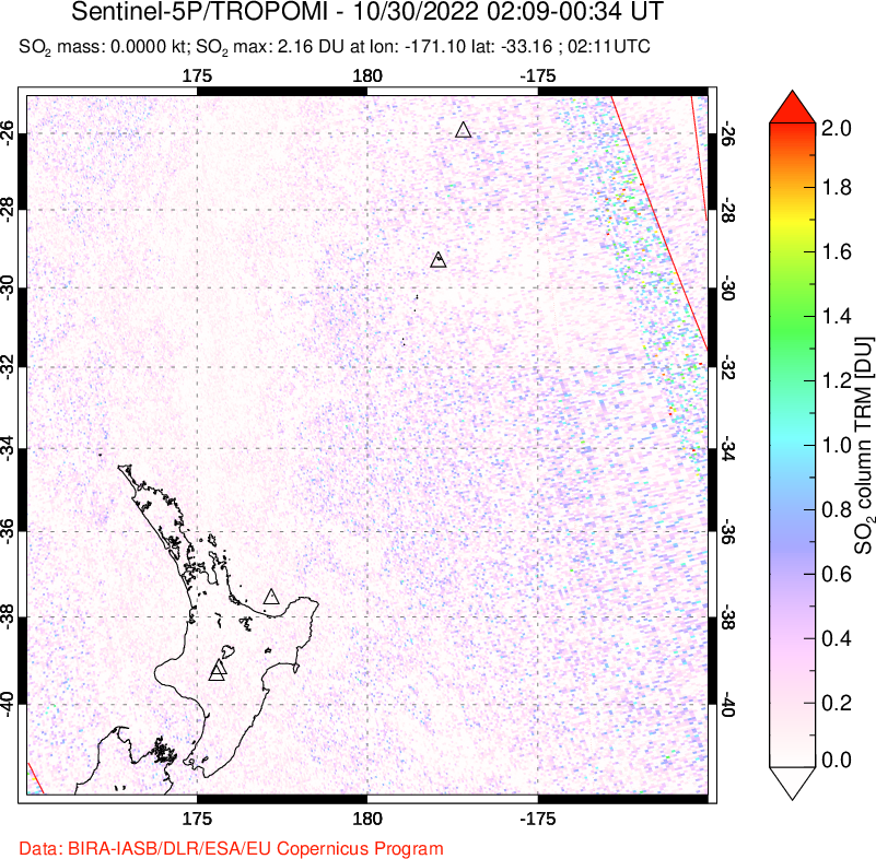 A sulfur dioxide image over New Zealand on Oct 30, 2022.