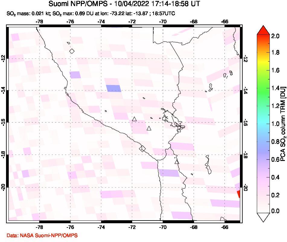 A sulfur dioxide image over Peru on Oct 04, 2022.