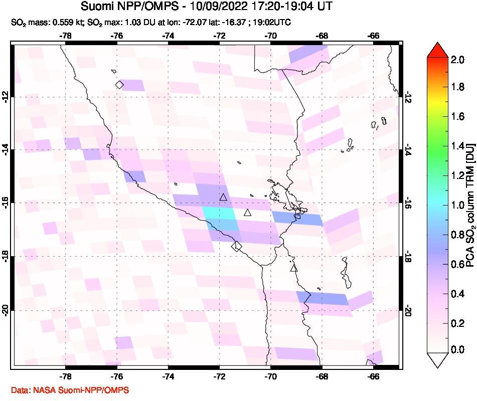 A sulfur dioxide image over Peru on Oct 09, 2022.