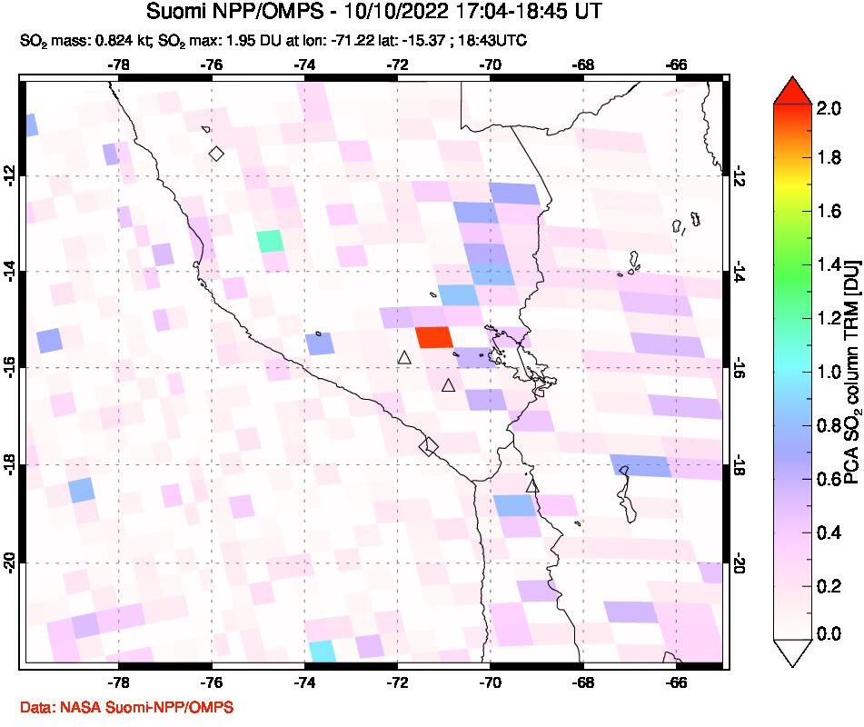 A sulfur dioxide image over Peru on Oct 10, 2022.