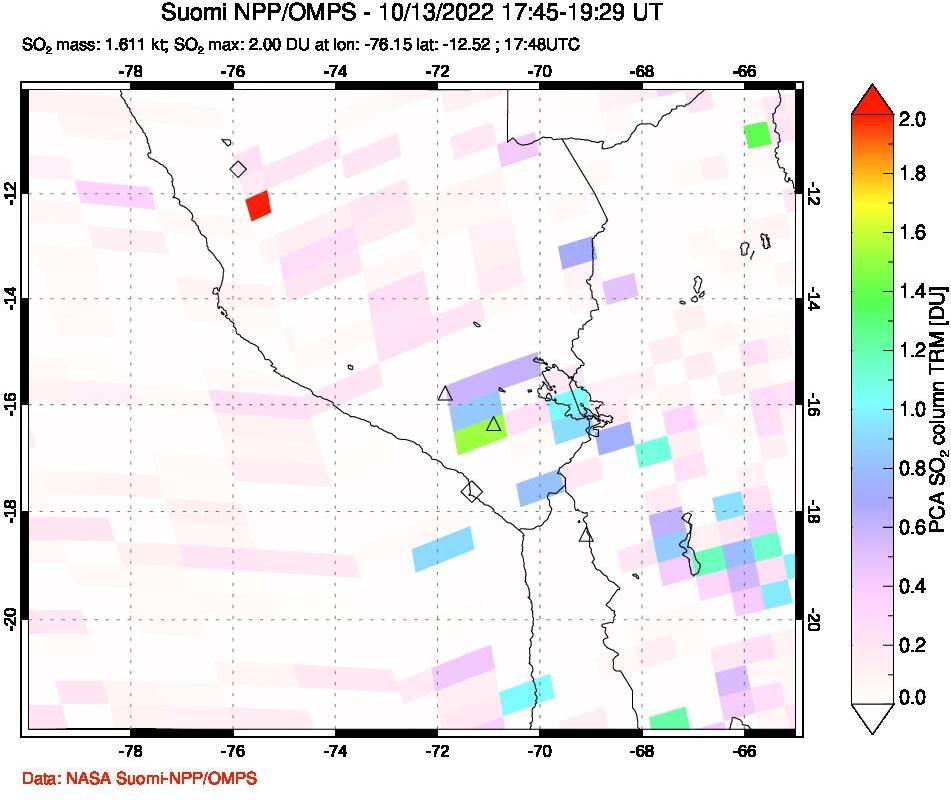 A sulfur dioxide image over Peru on Oct 13, 2022.