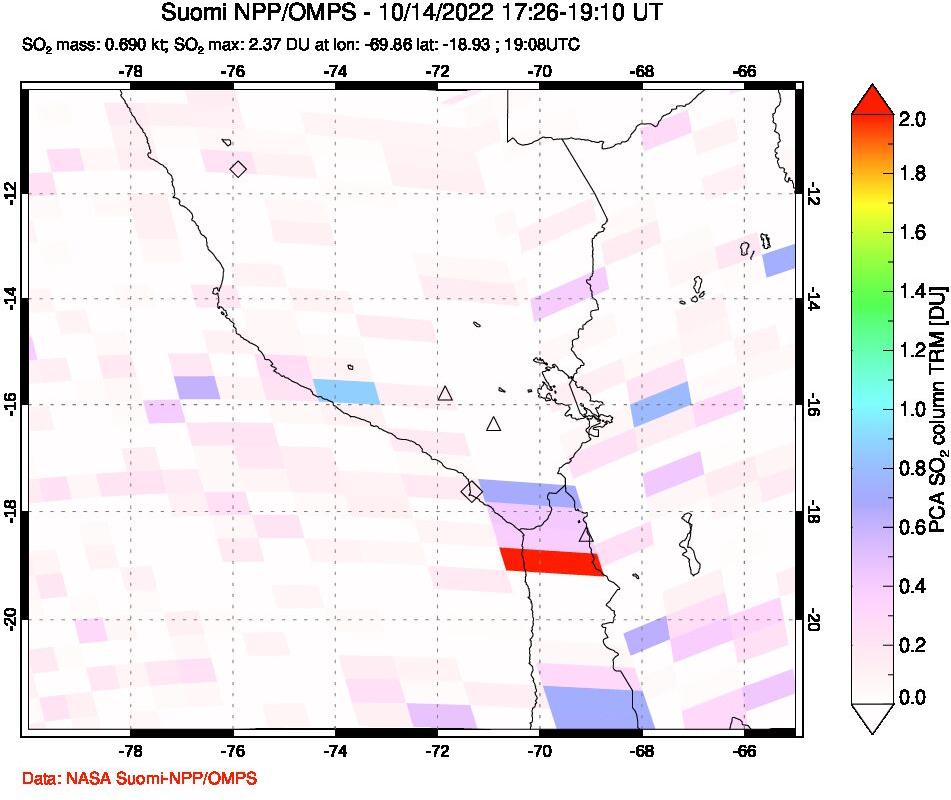 A sulfur dioxide image over Peru on Oct 14, 2022.