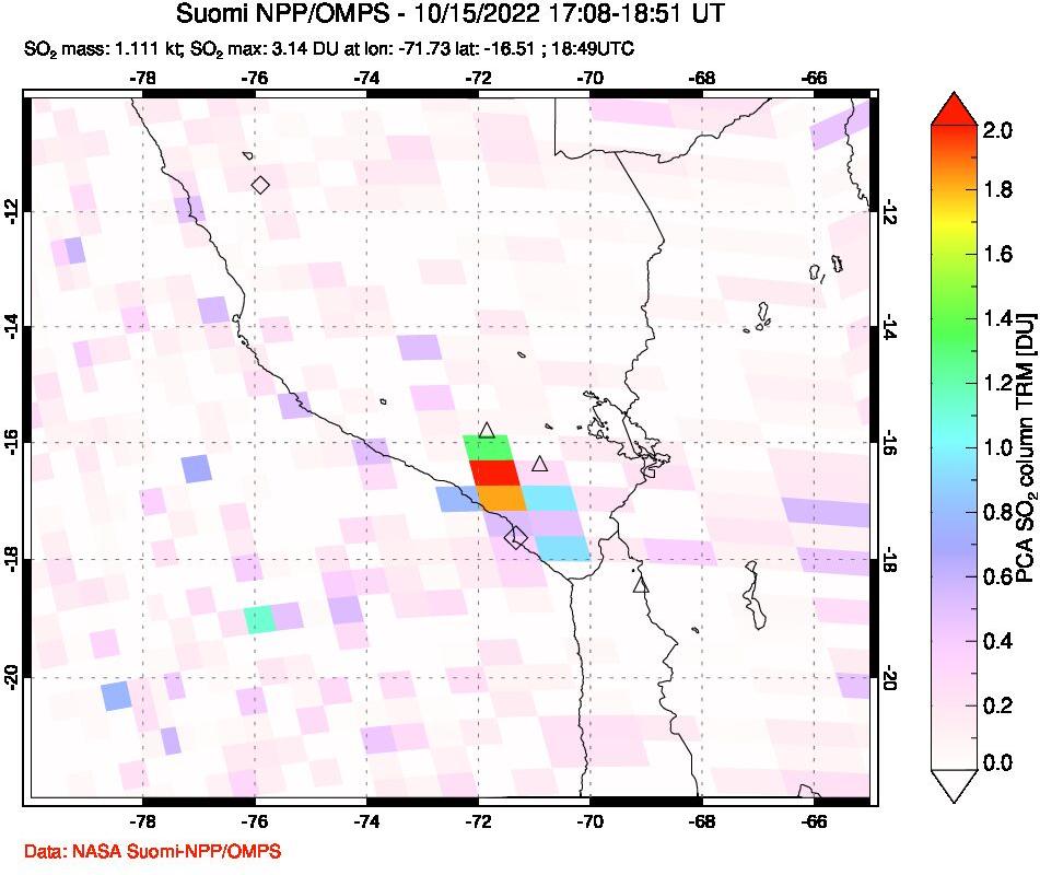A sulfur dioxide image over Peru on Oct 15, 2022.