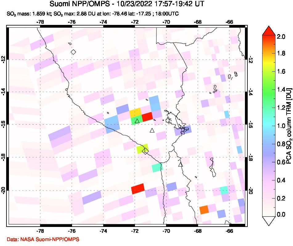 A sulfur dioxide image over Peru on Oct 23, 2022.