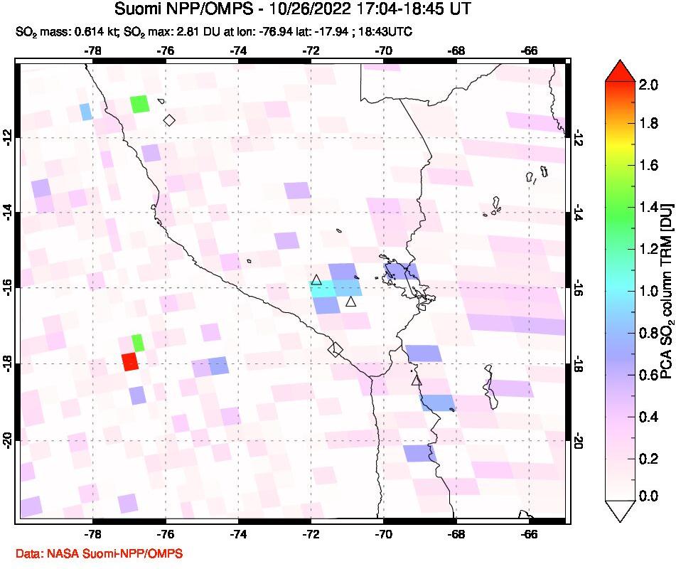 A sulfur dioxide image over Peru on Oct 26, 2022.