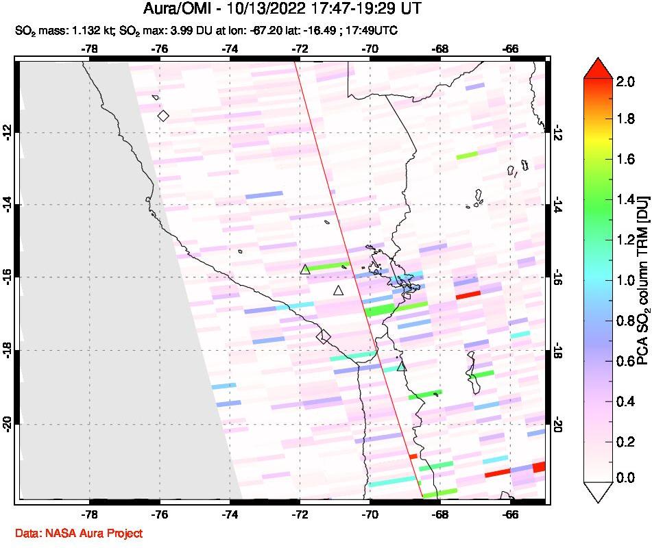 A sulfur dioxide image over Peru on Oct 13, 2022.