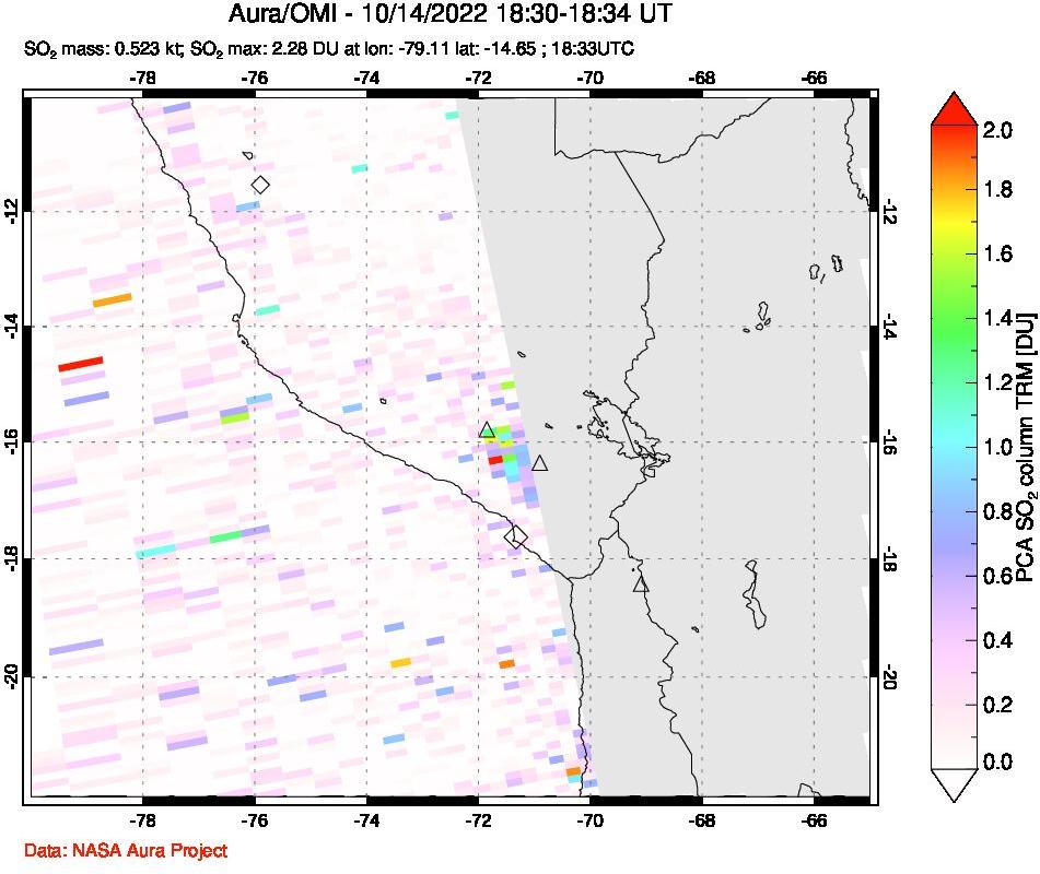 A sulfur dioxide image over Peru on Oct 14, 2022.