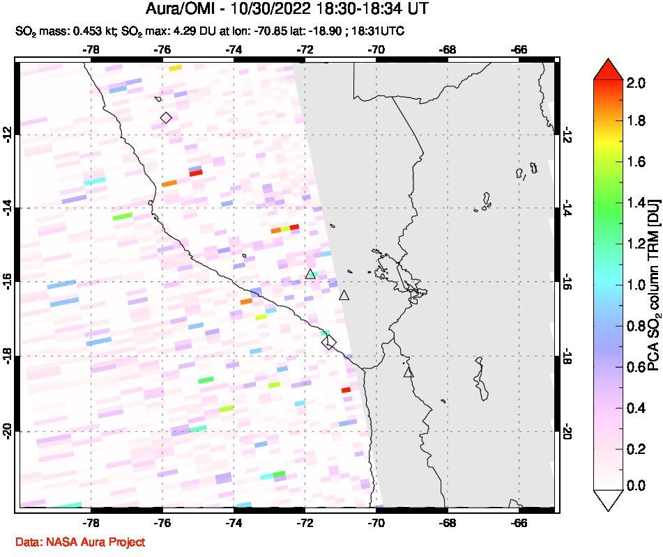 A sulfur dioxide image over Peru on Oct 30, 2022.