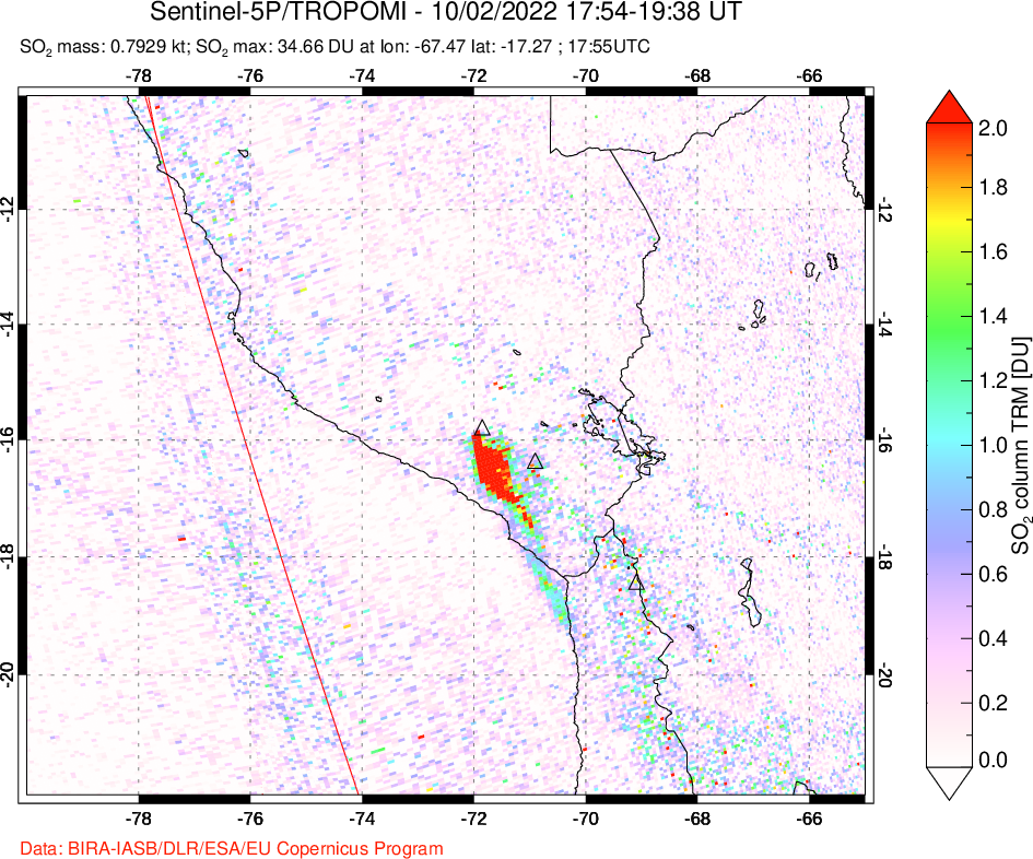 A sulfur dioxide image over Peru on Oct 02, 2022.