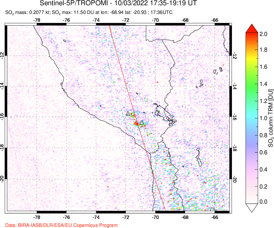 A sulfur dioxide image over Peru on Oct 03, 2022.