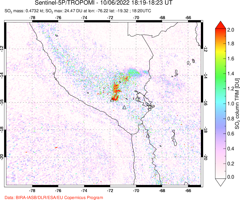 A sulfur dioxide image over Peru on Oct 06, 2022.