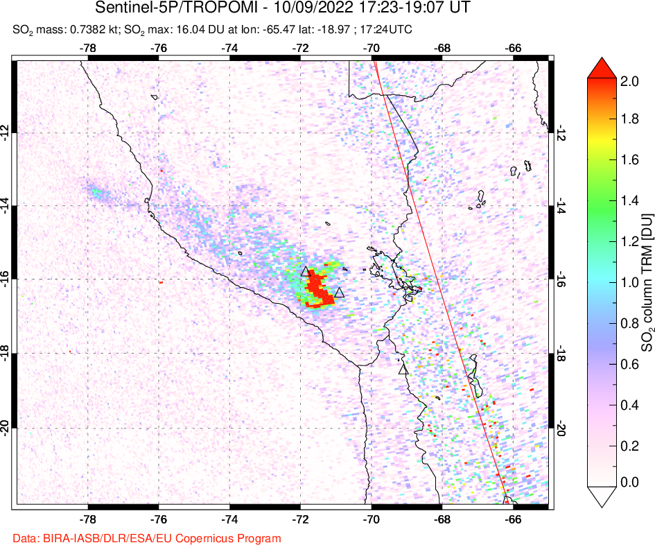 A sulfur dioxide image over Peru on Oct 09, 2022.
