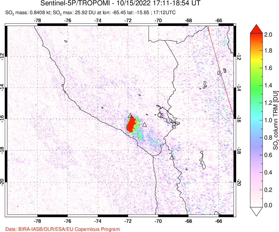 A sulfur dioxide image over Peru on Oct 15, 2022.