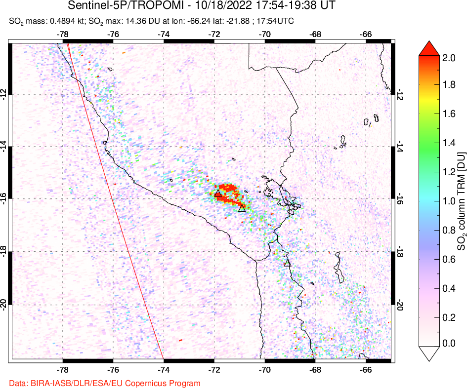 A sulfur dioxide image over Peru on Oct 18, 2022.