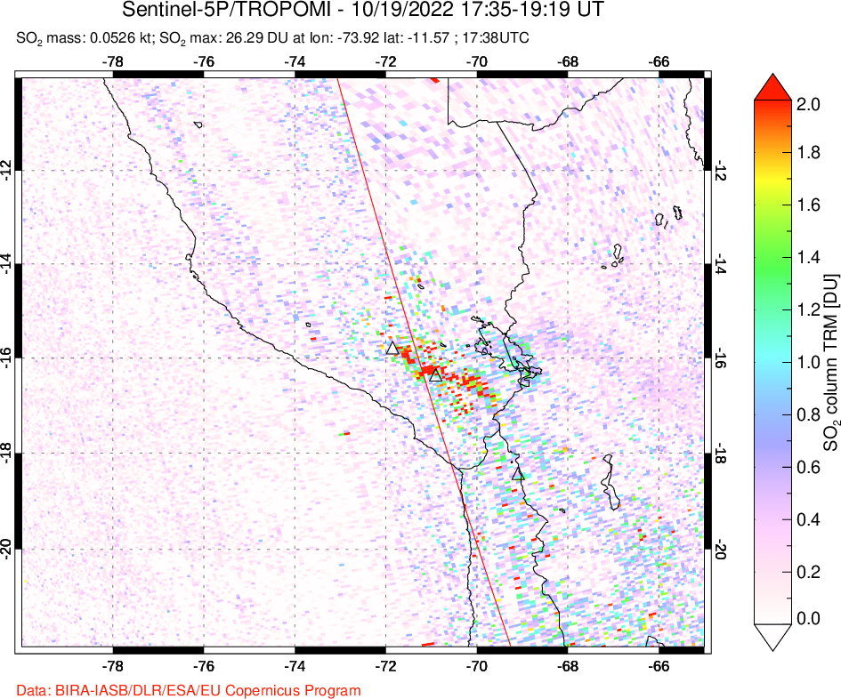 A sulfur dioxide image over Peru on Oct 19, 2022.